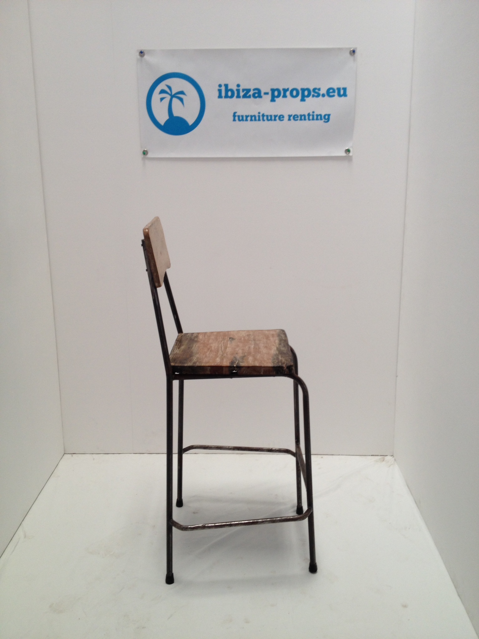 Brown wood metal bar stool to hire by ibiza-props
