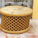Brown wood tea table to rent by ibiza-props